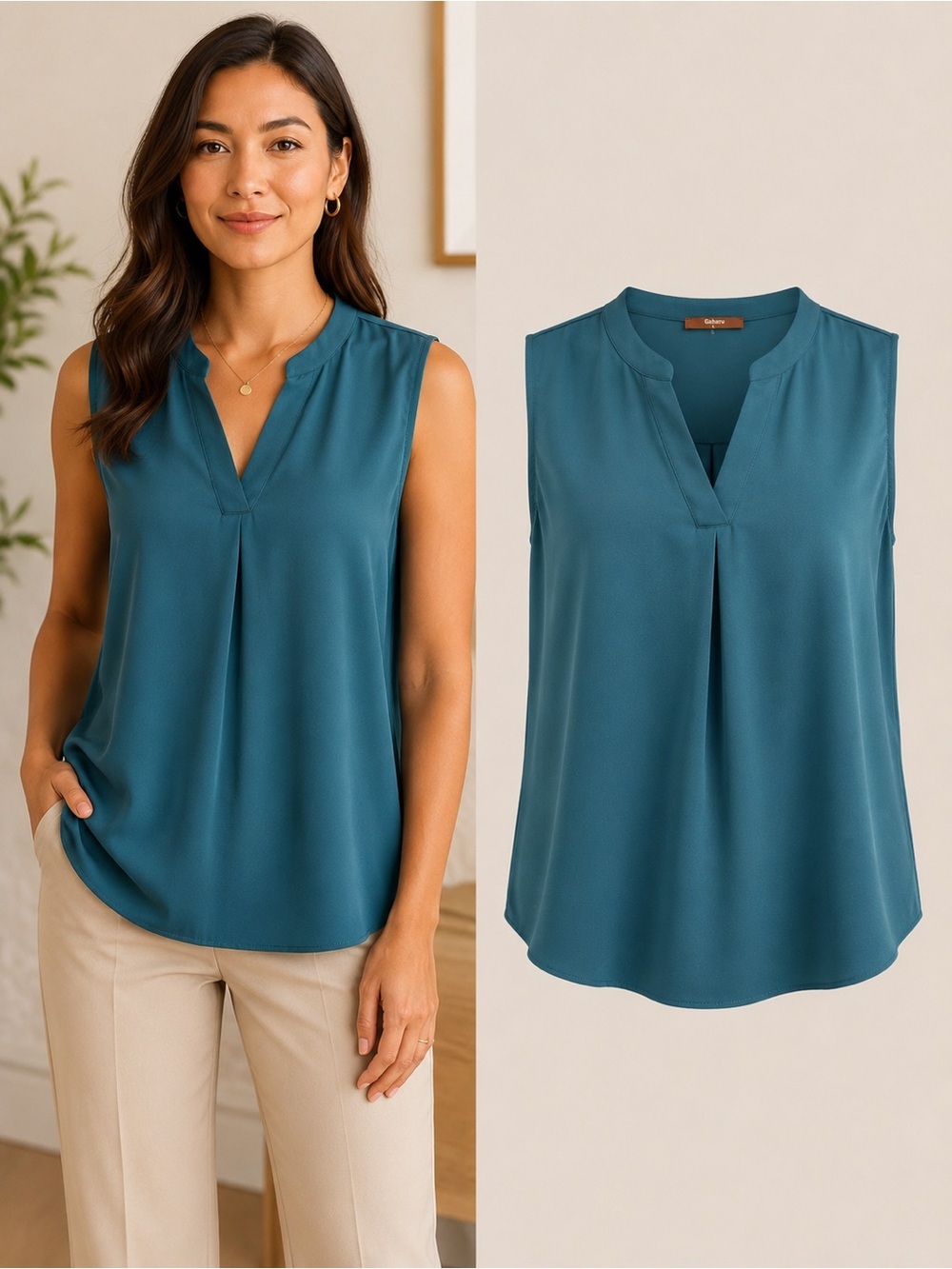 Gaharu | Teal Sleeveless Split Neck Blouse | Size Large Flowy Career Casual Top